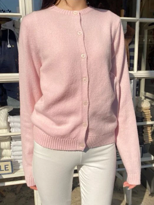 Pink Sweet Knitted Sweater Cardigan Spring O-Neck Single Breasted Cotton Knitwear Casual Simple All-match Sweaters Coat Y2k Top