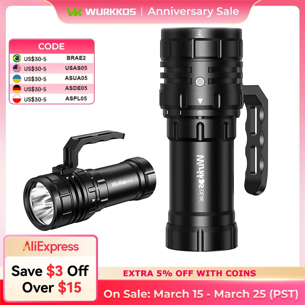 

Wurkkos DL46 Powerful 20000LM Diving Flashlight IPX8 Waterproof Rechargeable Torch 90+ CRI 6*XHP50.2 LED for Diving Exploration