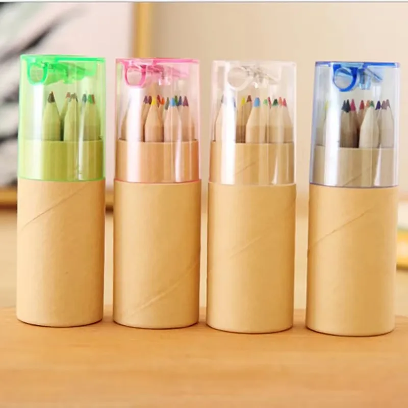 12 Color/set  Wooden Colored Pencil With Pencil Sharpener Portable Barrel Drawing Printing Colored Lead Stationery For Office