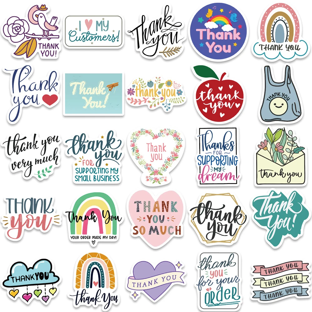 10/30/50PCS Aesthetic Phrases Thank You Stickers Colorful Graffiit Decals PVC DIY Suitcase Phone Fridge Guitar Gift Sticker Toy