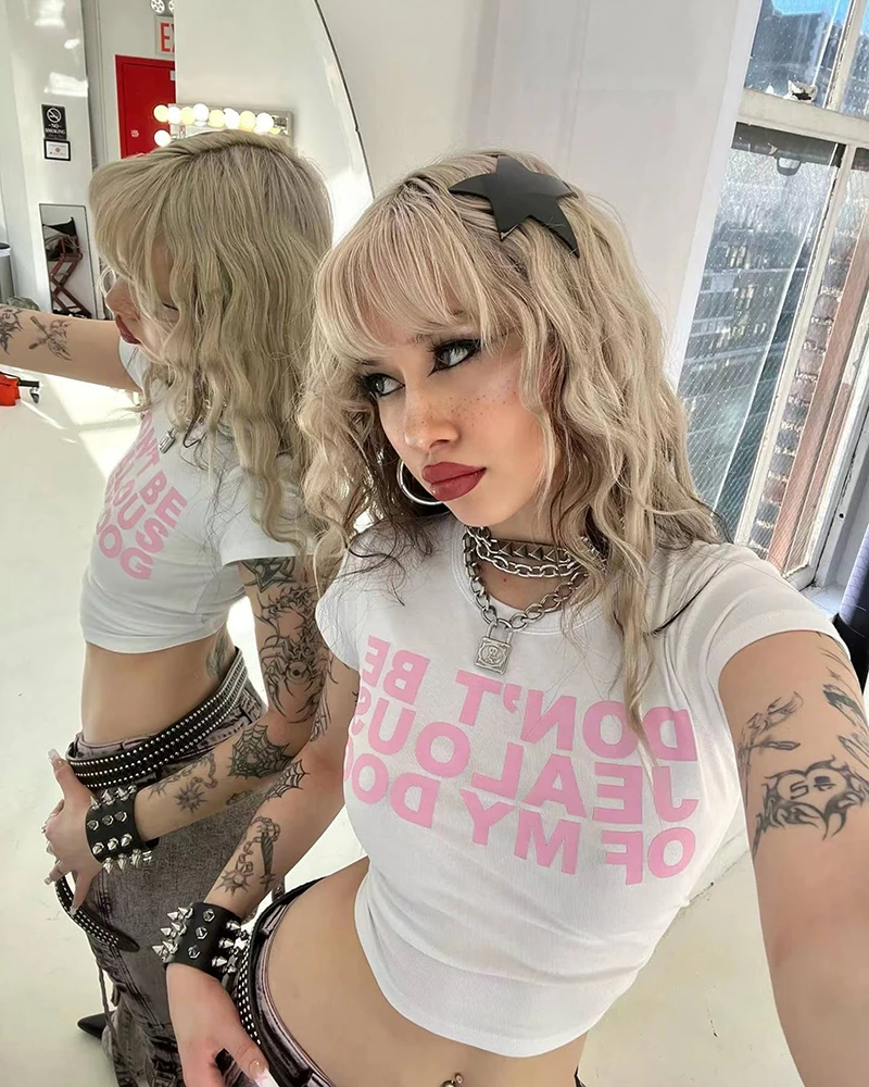 

2000s Top Letter Print Graphic Short Sleeve T-Shirt Harajuku Fashion Clothes Y2k Style Baby Tees Crop Tops Emo Girls Streetwear