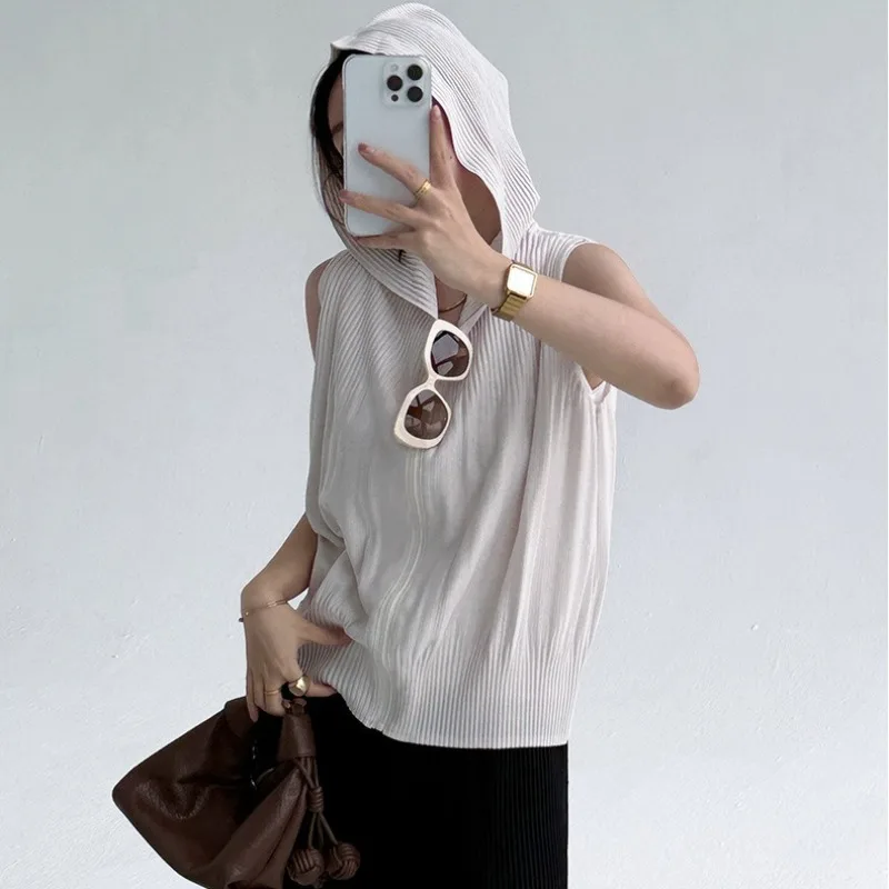 ミヤケ フード付き クロップド ノースリーブ ジッパー カーディガン プリーツ オーバーサイズ ベスト レイヤリング 多用途 着痩せ タンクトップ レディース アウター