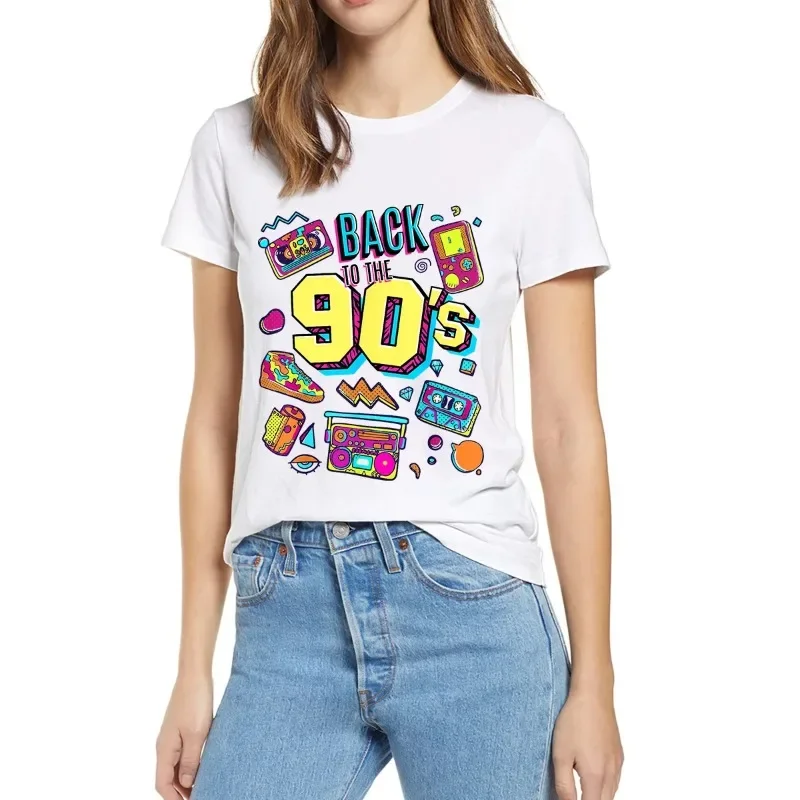 Retro 90s Graphic Print Crew Neck T-Shirt, Comfortable and Casual Summer Top for Women