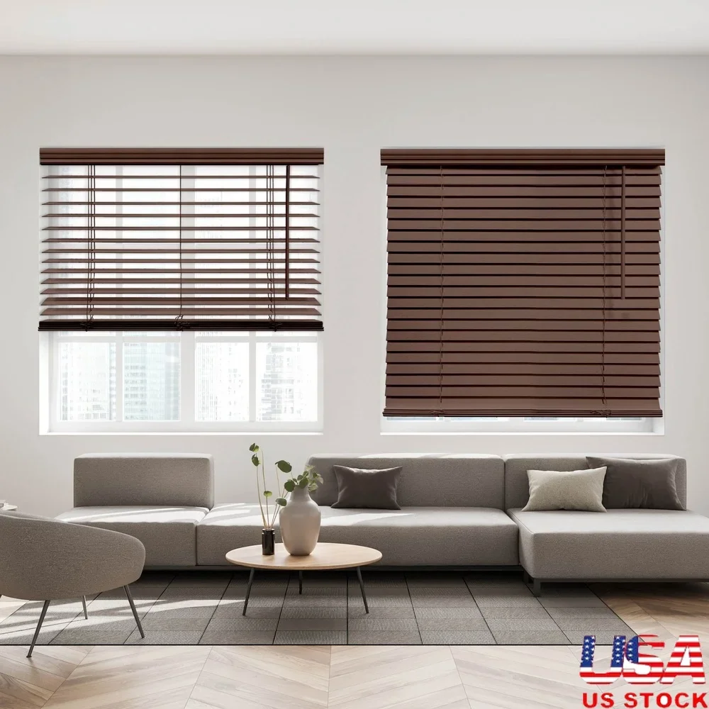 

Cordless 2 Inch Faux Wood Blinds Room Darkening Textured PVC Window Treatment Child Safe Installation Indoor Outdoor Use