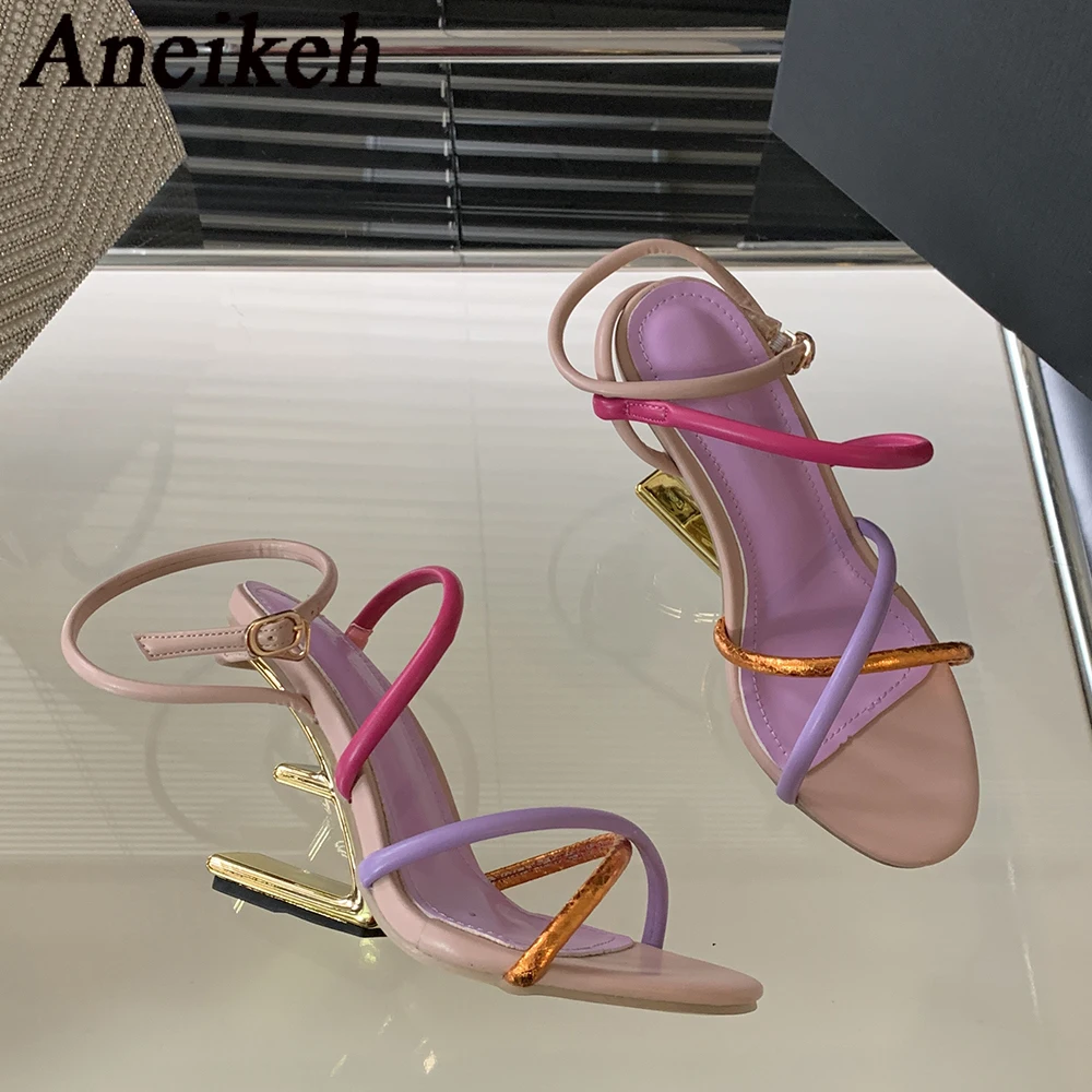 Aneikeh Summer Fashion Fretwork Heels Cross Striped Color Blocked High-heeled Sandals Women Ankle Buckle Strap Gladiator Shoes