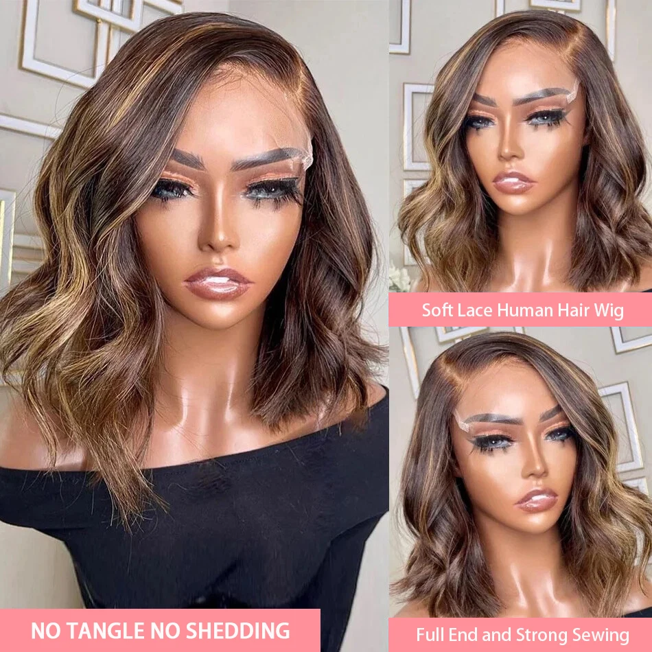 Body Wave Bob Wig Highlight Brown Short Cut Wavy 13x4 Transparent Lace Frontal Wigs 4/27 Color Mix Ombre Blonde 100% Human Hair view 3