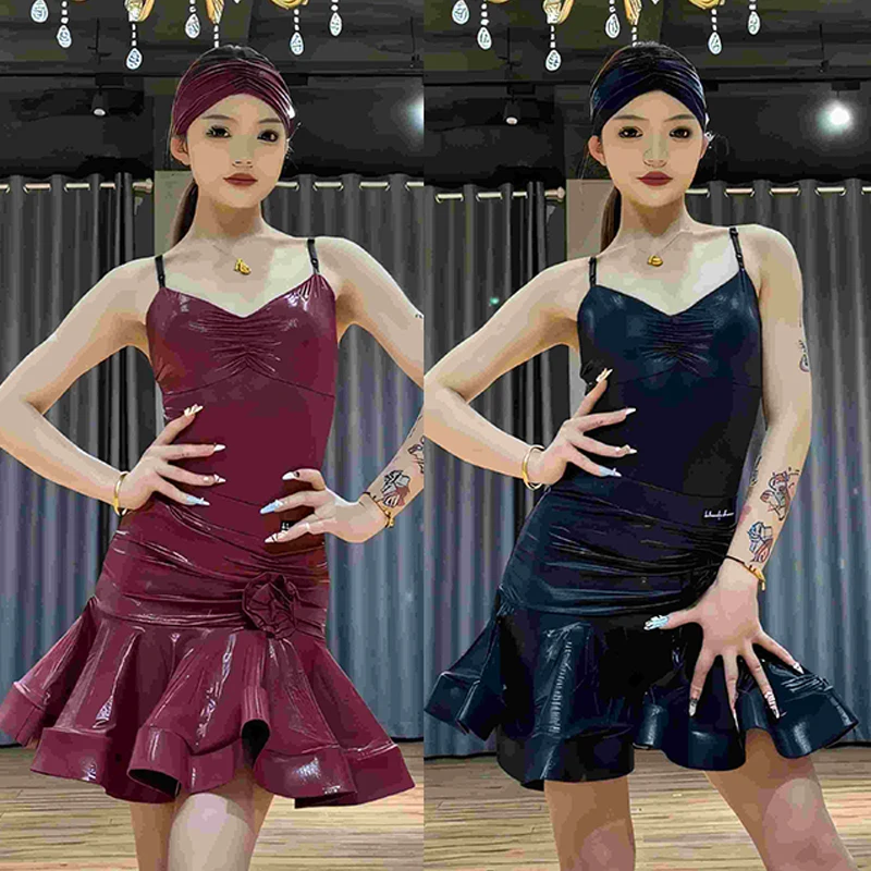 

2025 Latin Dance Clothes Women Burgundy Black Leather Dress Adult Cha Cha Rumba Dance Costume Competition Clothing Suit DNV22676