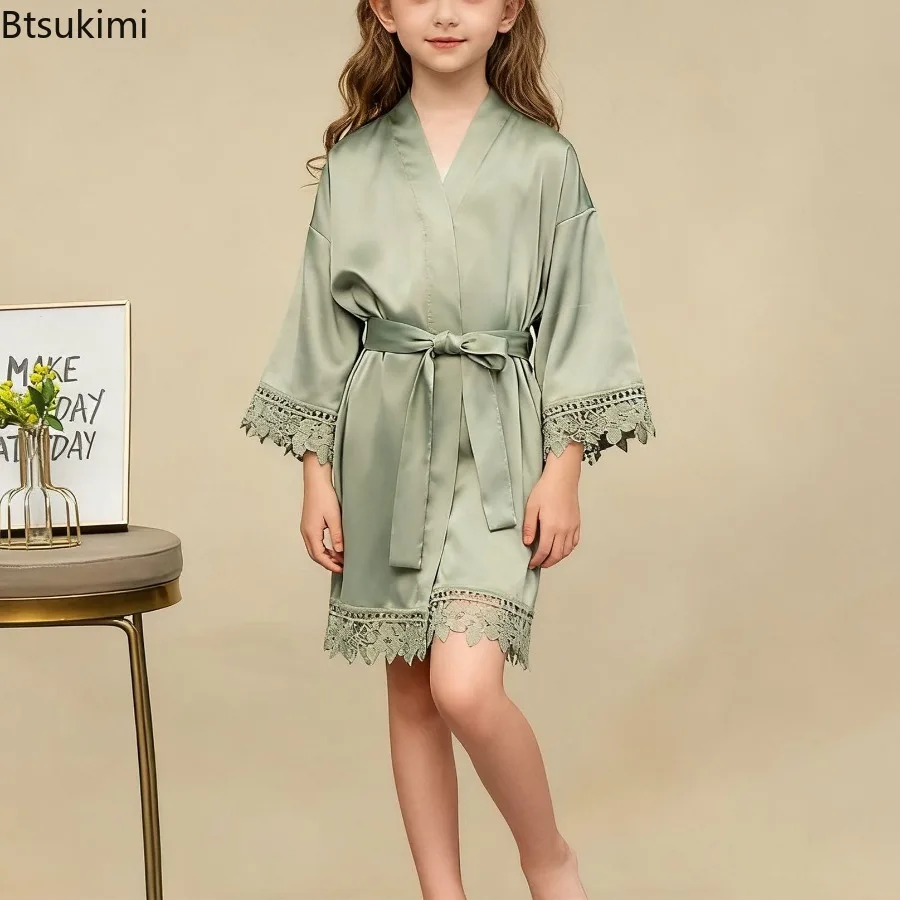 Dziecięcy szlafrok z jedwabiu lodowego, jednolity kolor, matowa koronka, szlafrok poranny, piżama, gładki, miękki, wygodny, codzienny szlafrok do spania dla dzieci.