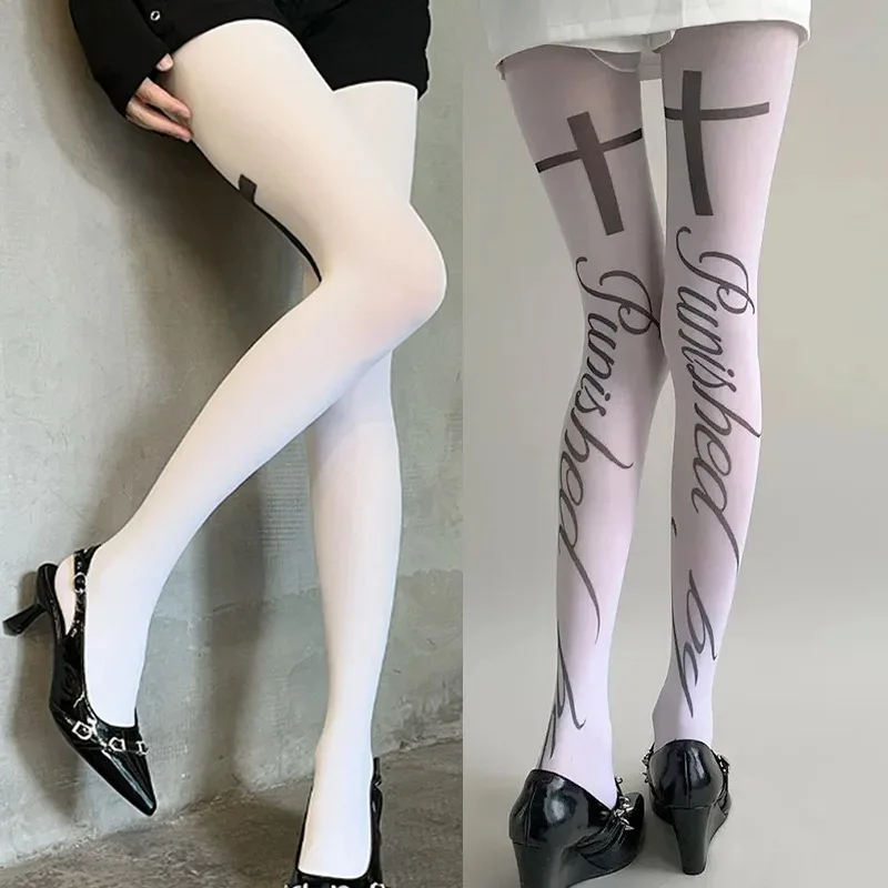

Женские длинные носки с белым крестом и буквенным принтом в стиле Харадзюку, чулки выше колена, колготки для косплея, винтажные готические колготки, чулочно-носочные изделия