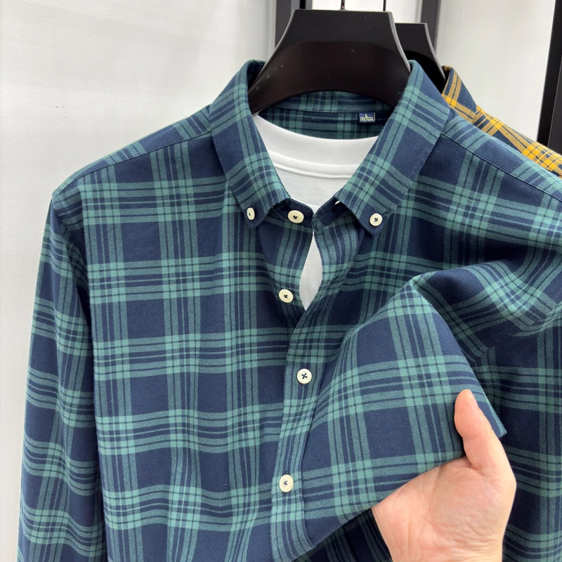 2023 Autumn Light Luxury Style Checkered Shirt Men's Long Sleeved Lapel Loose Cotton Versatile Casual Shirt