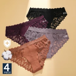 FINETOO 4PCS/Set Women's Seamless Panties Girls Lace Waist Underpants Pantys Sexy Lace Underwear Ladies Lingerie Bikini Briefs