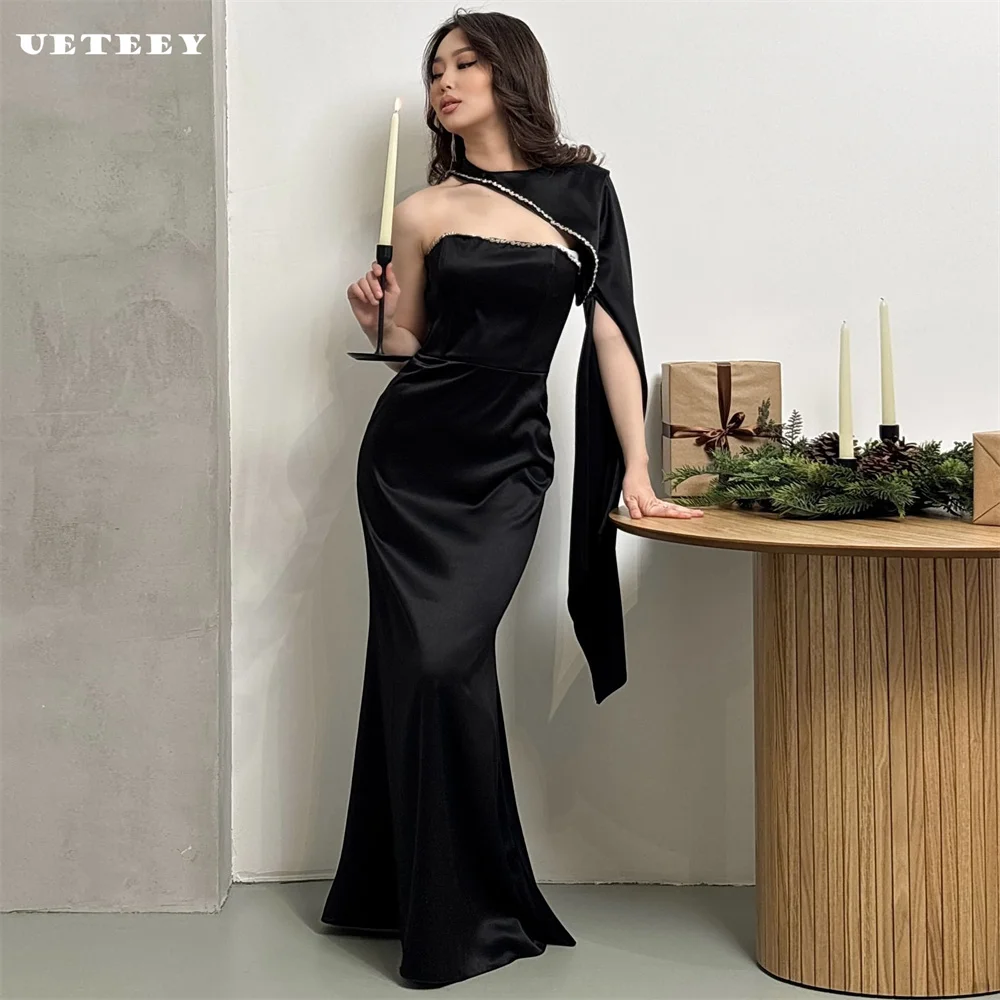 UETEEY Customized One Shoulder Satin Mermaid Prom Dress Elegant Party Gown Rhinestone Zipper Back Floor Length Evening Gown