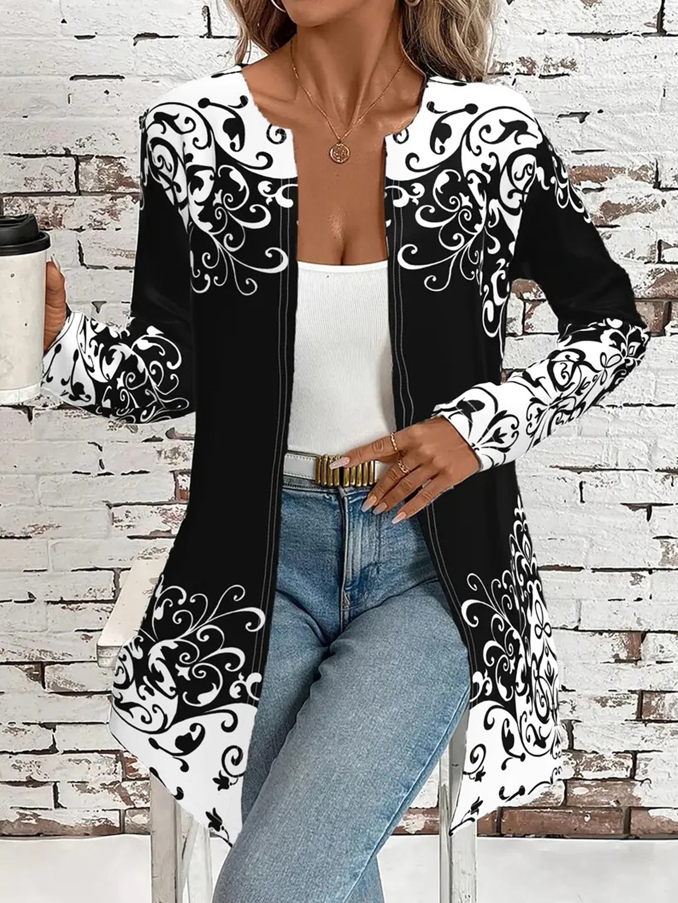 

Women'S Stylish Black & White Floral Print Cardigan - Long Sleeve, Crew Neck, Loose Fit For Fall/Winter
