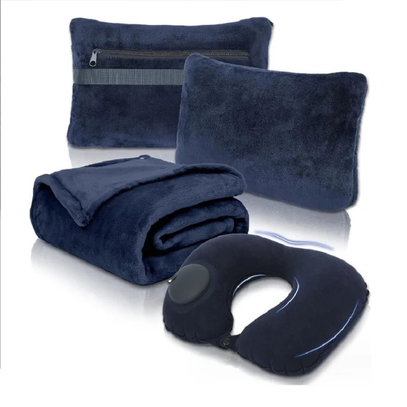 Travel Blanket and Pillow Set Portable Inflatable Travel Neck Pillow and Premium Soft Airplane Blanket traveling essentials