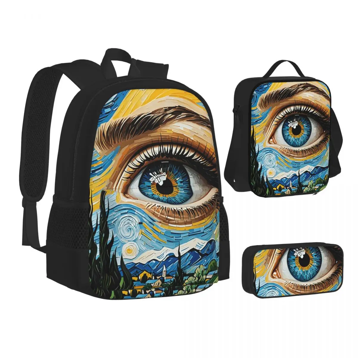 The Starry Night By Vincent Van Gogh BackpacksBookbag Students School Bags Kids Rucksack Lunch Bag Pen Bag Three-Piece Set