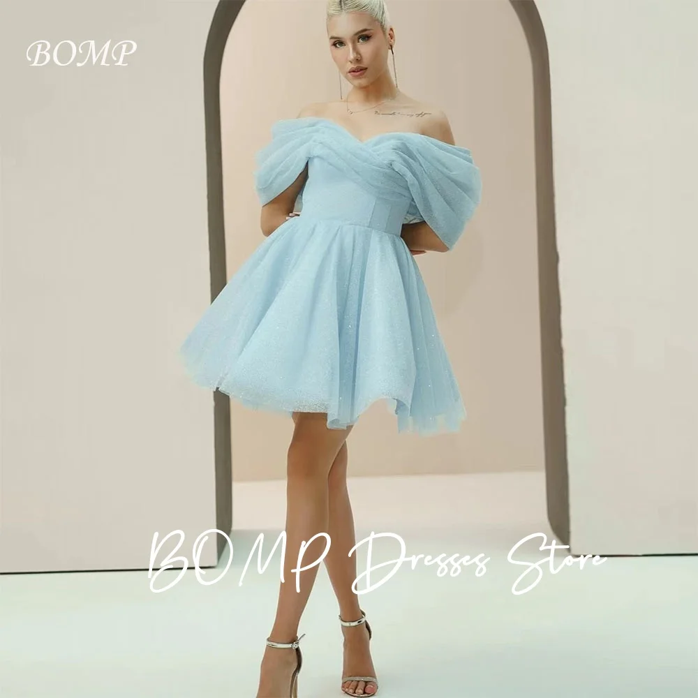 

BOMP Princess Blue Off Shoulder Mini Wedding Party Dress A-Line Draped Organza Bridal Reception Gown Customized Robe de mariée