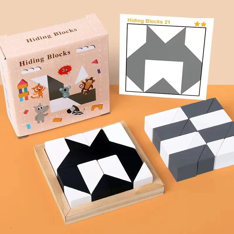 Montessori Wooden Black White Hidden Shape Blocks Puzzle Toddler Logical Thinking Brain Teaser Game With Challenge Cards