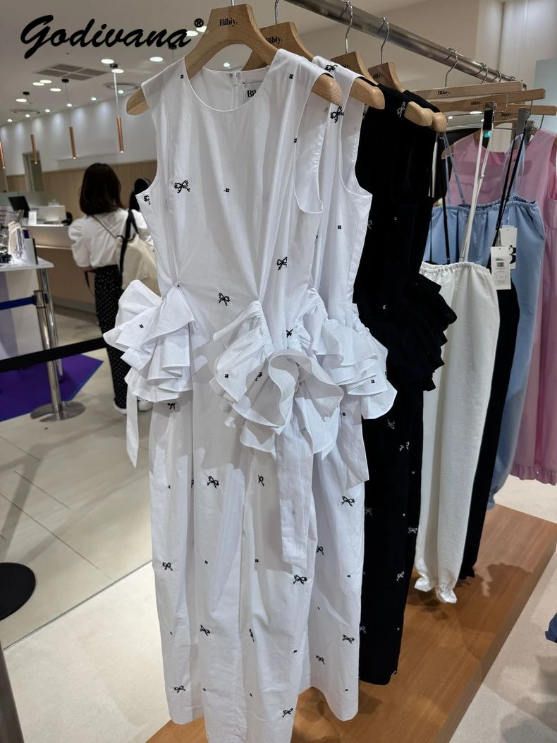 和風新しい夏のレディースエレガントなちょう結びプリントノースリーブロングドレスラウンドネックフリルブラックタンクドレス