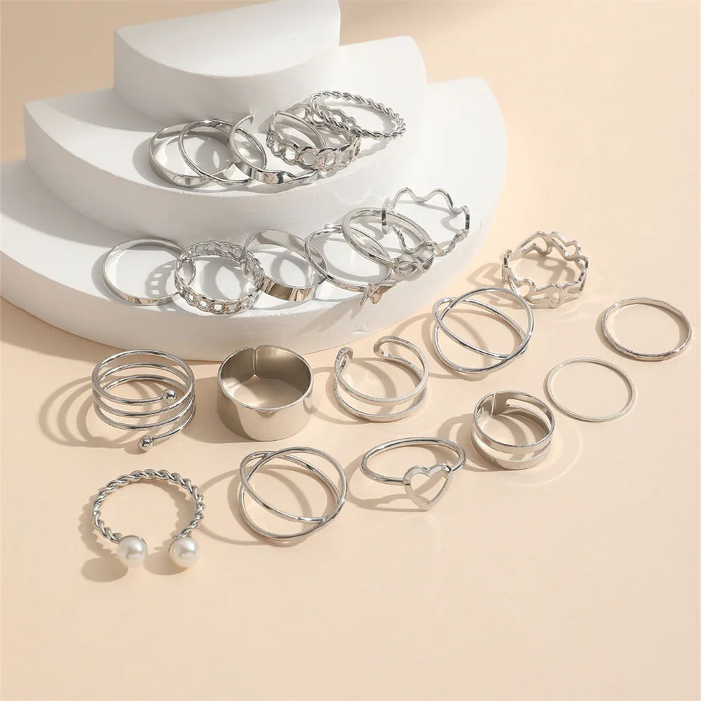 22Pcs/Set Fashion Imitation-Pearl Love Heart Cross Wave Butterfly Infinity Simple Metal Layered Geometric Hollow Ring For Woman image 2