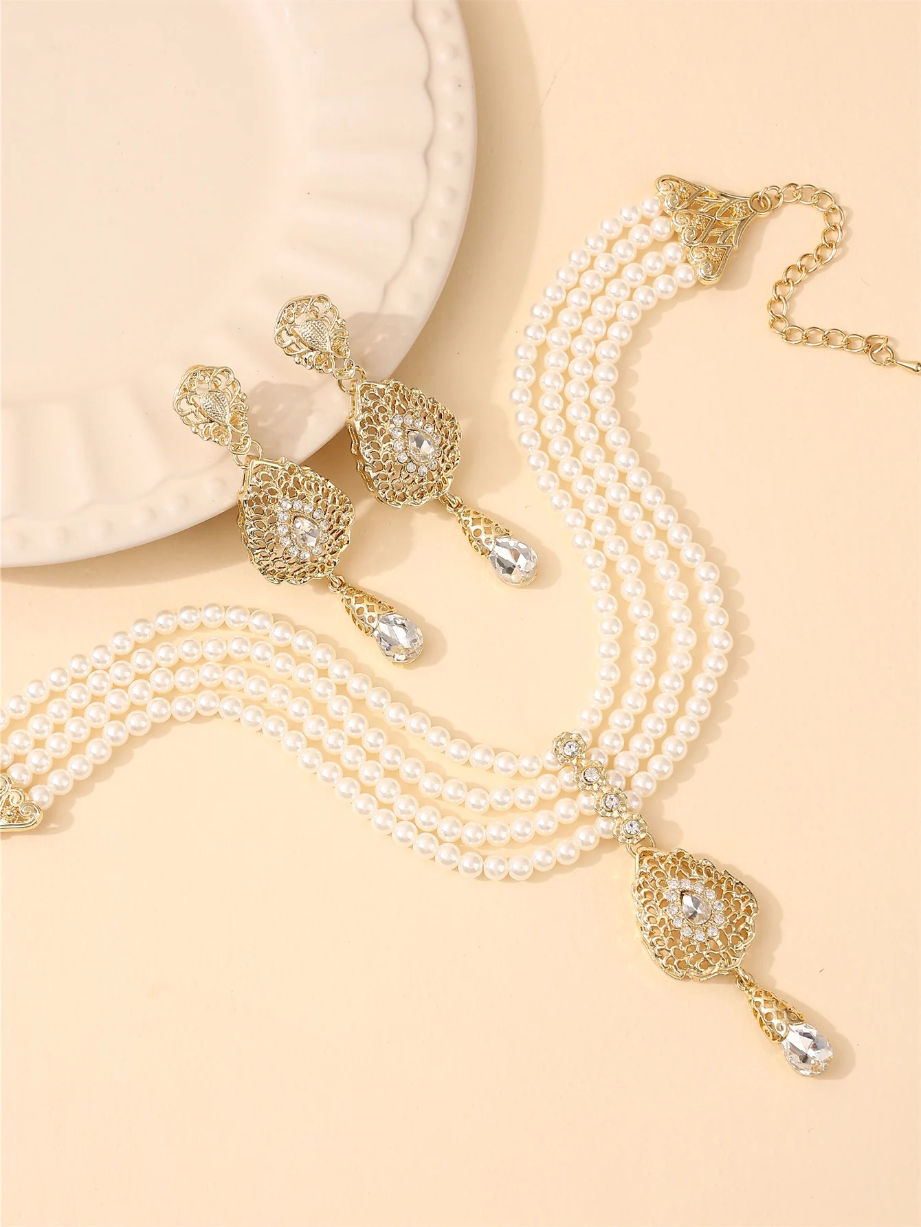 

Algerian ladies' pearl set earrings and necklace abaya accessories for wedding evening sets ladies' jewelry set