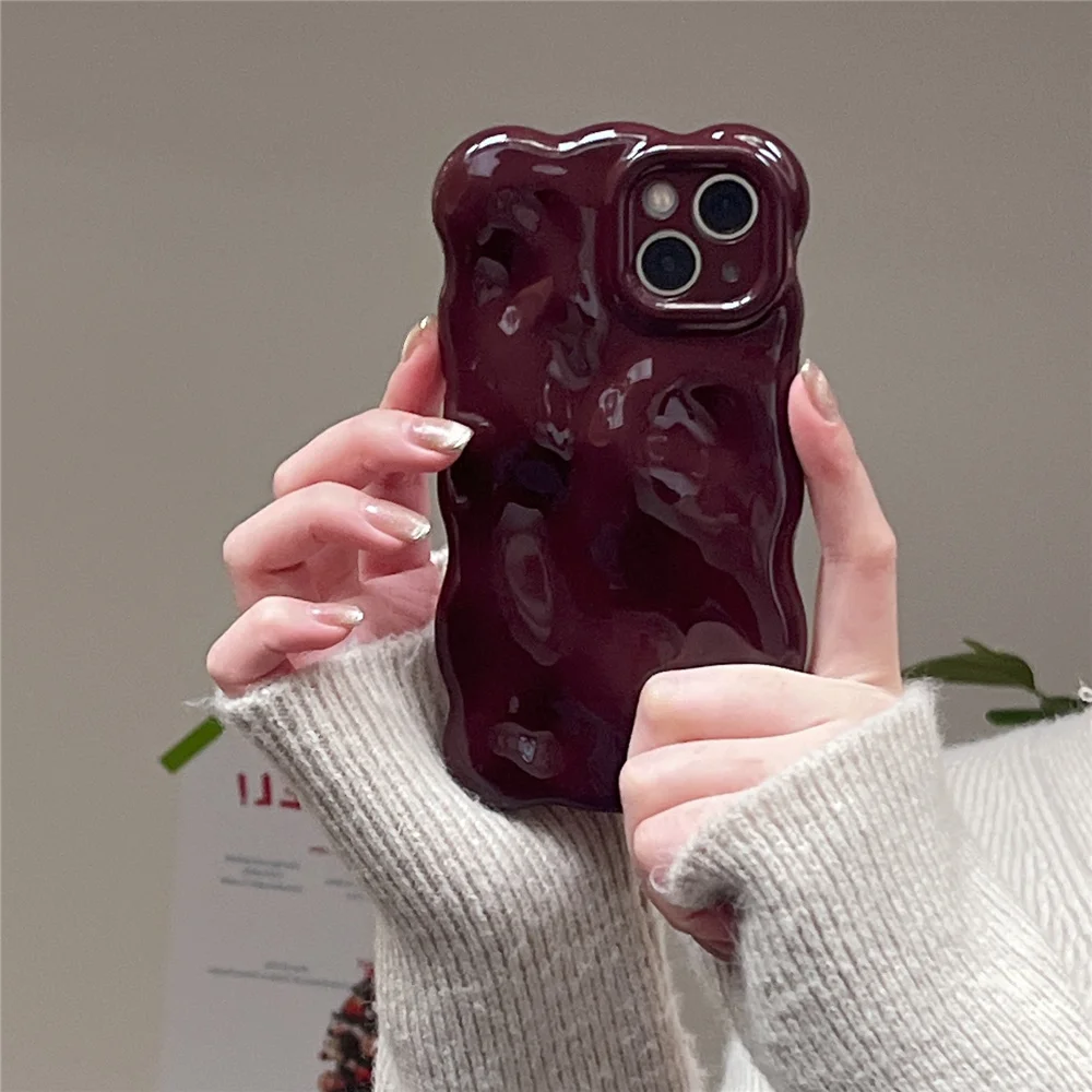 Casing Wine Red Phone Case Compatible for IPhone 11 13 12 14 Pro Max Luxury Luxury glossy wave pattern Solid Color Phone Cover