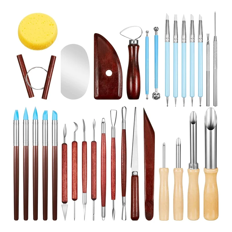 

AB39-32 Pieces Pottery Tools Clay Sculpting Tool Kit With Red Wooden Handle, Round Clay Hole Cutter, Pottery Crafts
