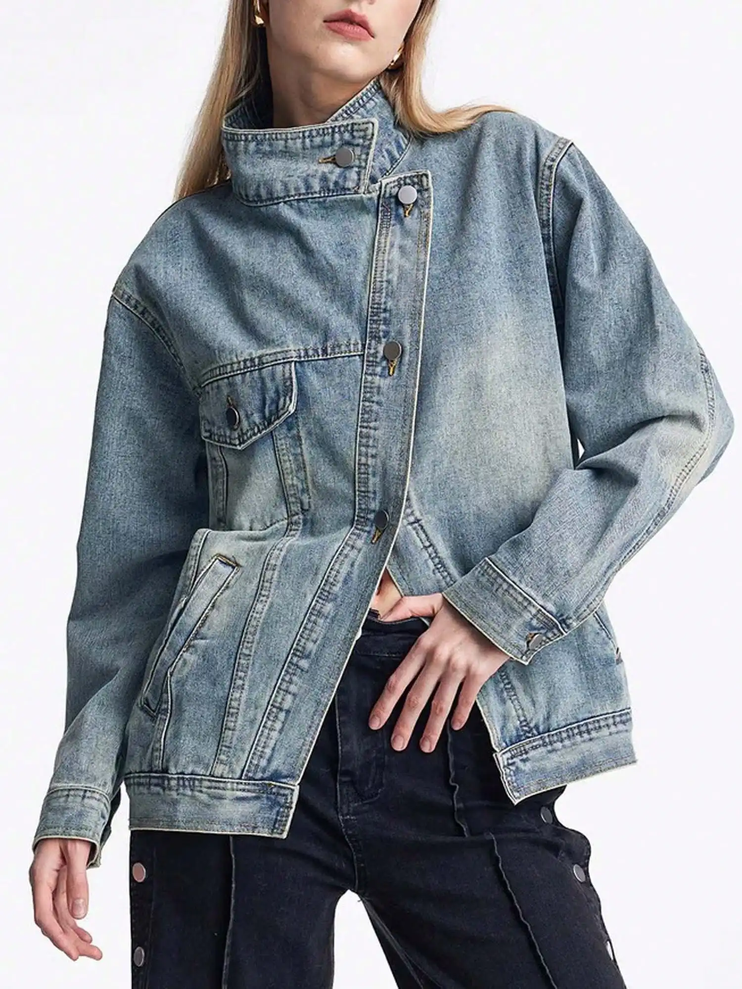 

Women's Loose Fit Asymmetrical Denim Jacket with Multiple Pockets - Vintage Blue Streetwear Style