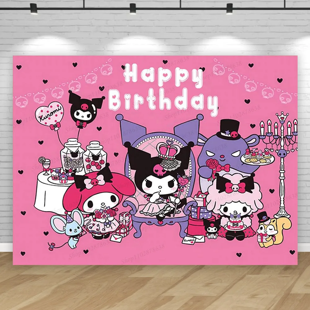 Kuromi-telón de fondo con temática de Hello Kitty para niños y niñas, cartel decorativo para fiesta de primer cumpleaños, Baby Shower, estudio