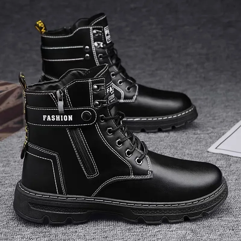 Mens Boots Fashion Casual High Top Booties High Quality Leather Short Boot Men Motorcycle Booties Laced Ankle Boots Botas Hombre