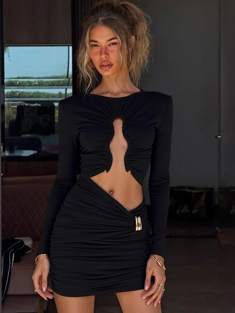 Kliou Metall Trim Mini Kleid Frau oansatz Volle Hülse Hohl Nabel Freigelegten Design Dünne Pfirsich Hüfte Straße Sexy Mode Bodycon