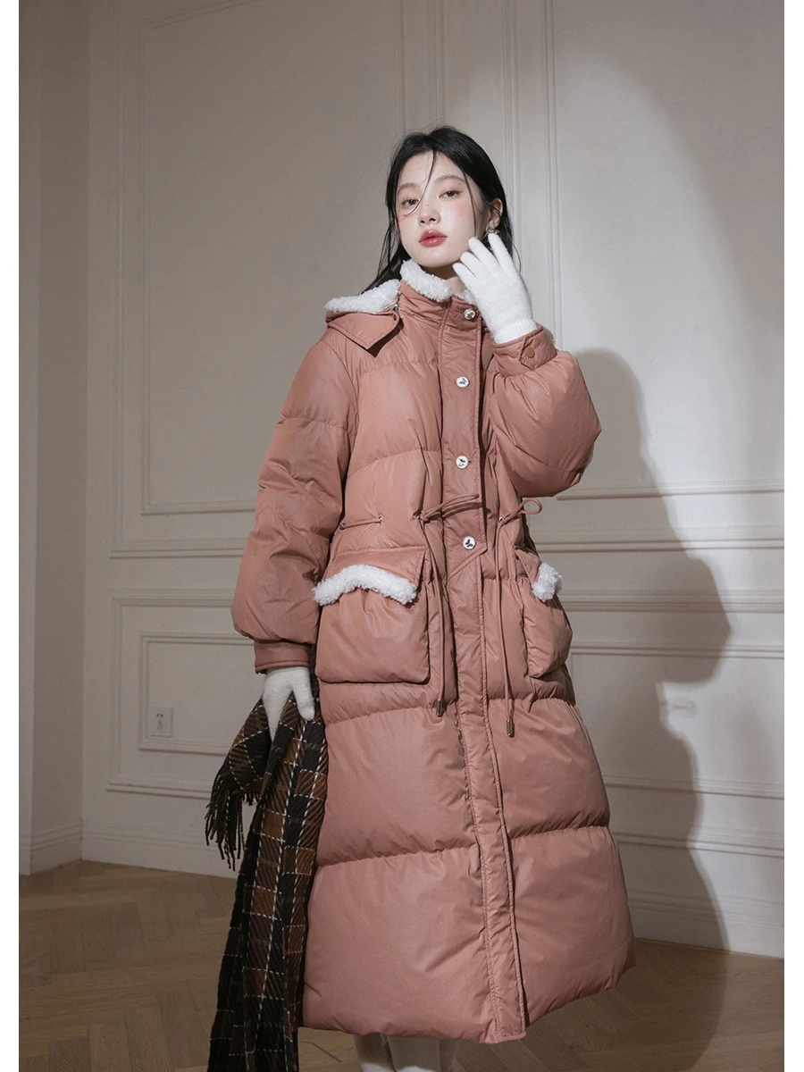 

COTRE Long down Jaet White Du Feather Arc Line Red Le Autumn Winter Warm Coat Women's Faion Commute Sle Nylon Material