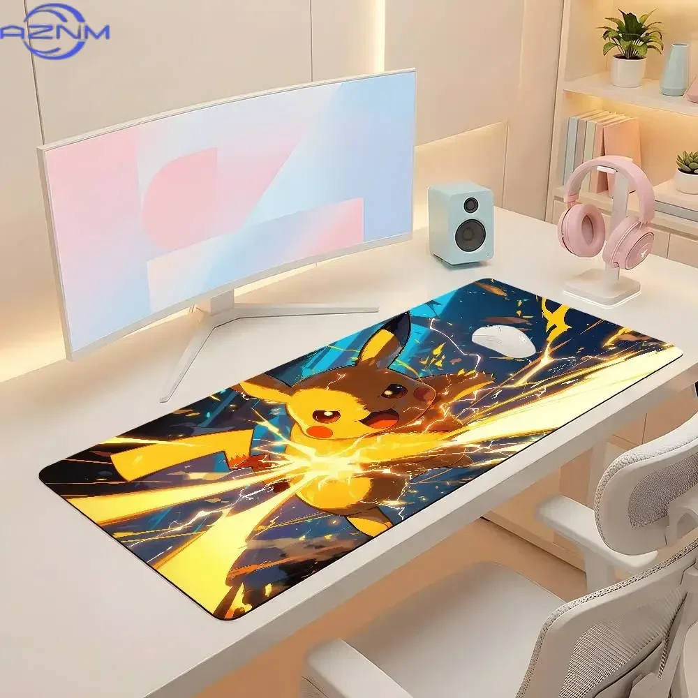 Rubber Mouse Pad Anime Pikachu Lightning Attack Pattern Anti-Slip Gaming Desk Mat Stitched Edge Desktop Protector for Office and