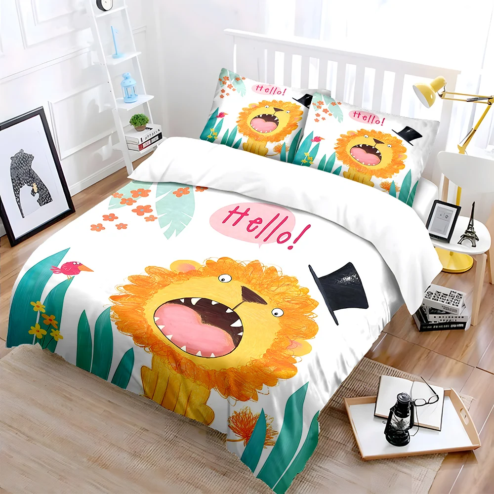 Cartoon lion with hat and bird Print Soft Comfortable Duvet Cover Bedding Set Included 1*Duvet Cover  2*Pillowcases for gifts