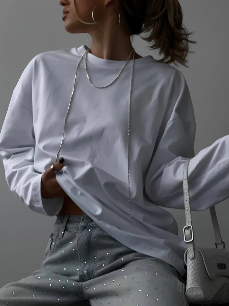 Neue Frauen 100% Baumwolle Lose T-shirt Mode Einfarbig Grund Tees Langarm Top Herbst Weibliche Übergroßen Weichen Pullover Top