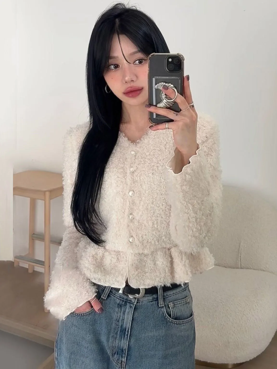 

Женское модное люксовое хлопковое пальто East Gate Celebri с жемчужными пуговицами, приталенное, с рюшами, вязаное, теплое, с длинными рукавами и V-образным вырезом