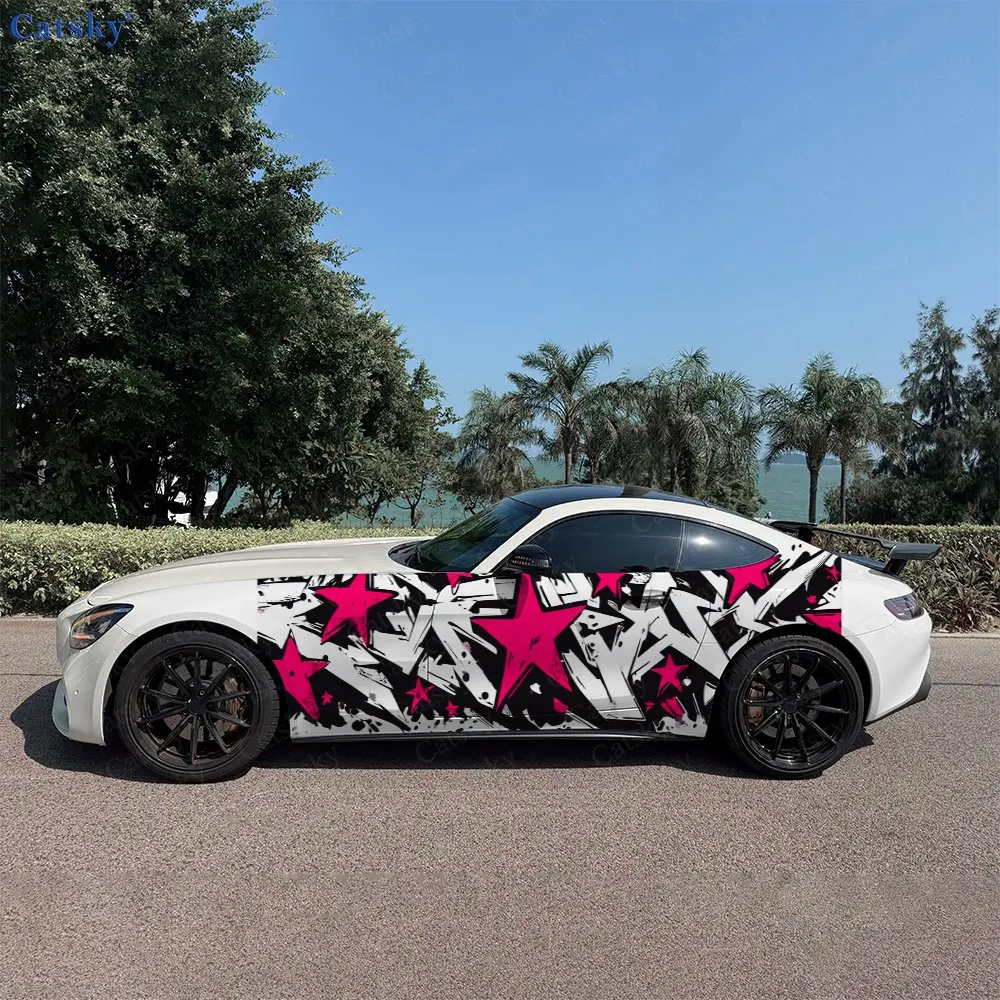 

2pcs Lines And Pink Stars Decal, Durable, Fade-Resistant, Enhance Your Vehicles Aesthetic With Bold Art Design Car Vinyl Wrap