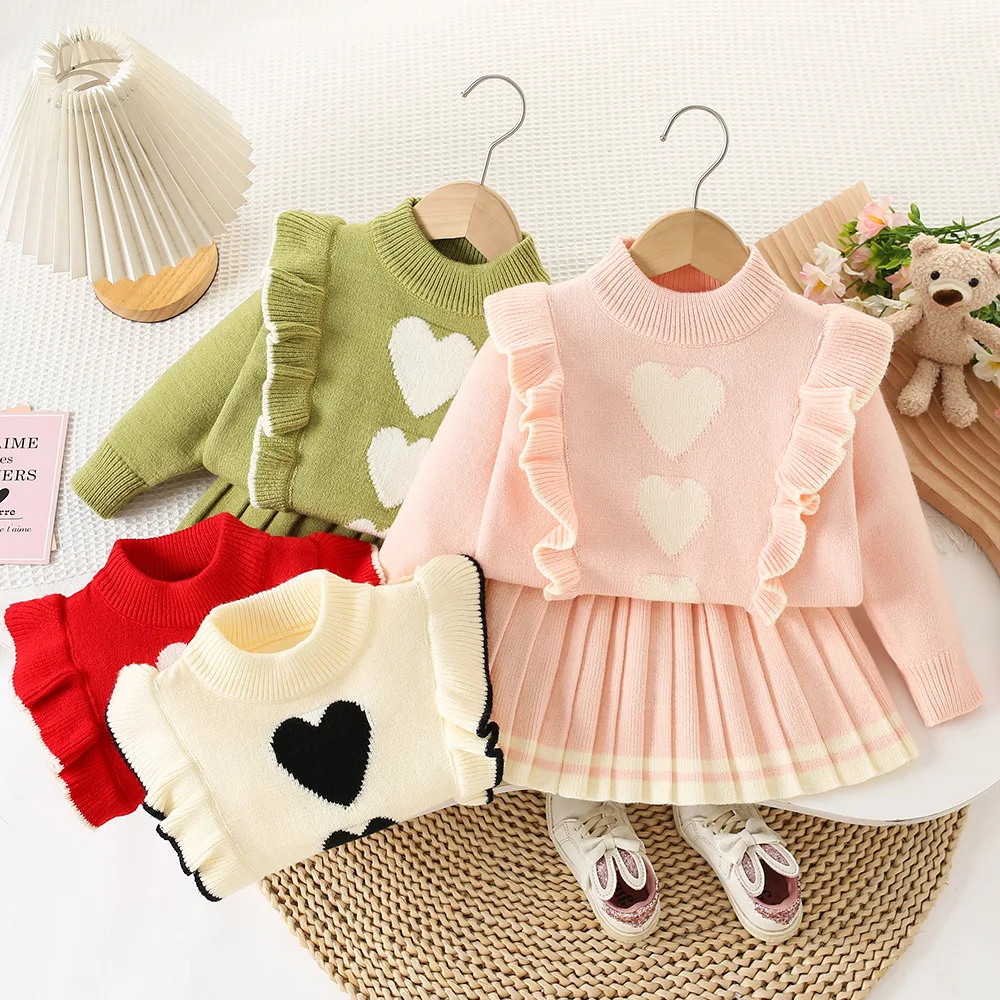 

Autumn Winter Kids Clothes Toddler Girls Knitted Outfits Set Sweet Warm Heart Sweater Tops With Skirt For Children Daily Wear