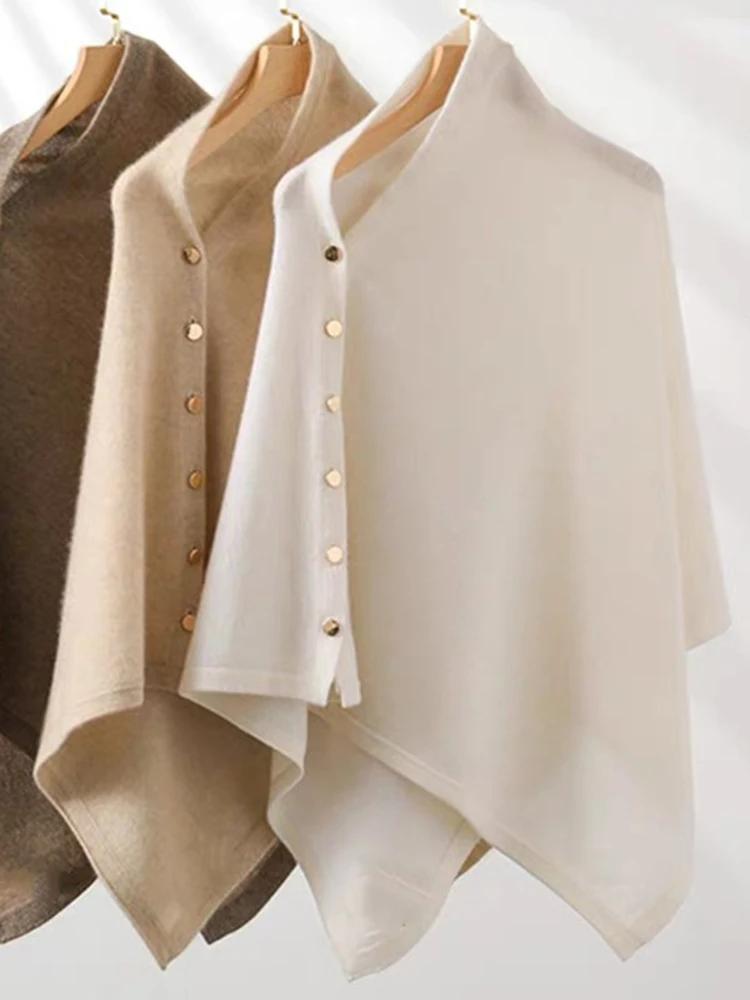 

00 Pure Wool Large oulder Wrap Women's Autumn Winter Asymmetrical Cloak Slant Button Loose Coat Lazy Big Sweater Outerwear