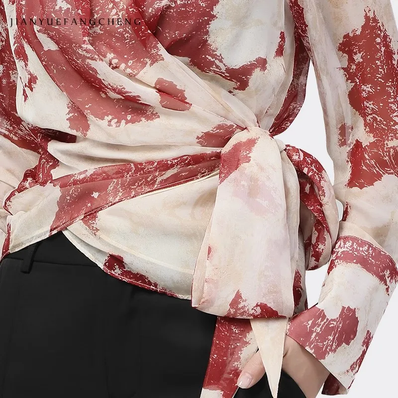 Fashion Women\' Long Sleeve Red Printed Chiffon Blouse For Spring Summer Asymmetrical V-Neck Lace-up Shirt Tops