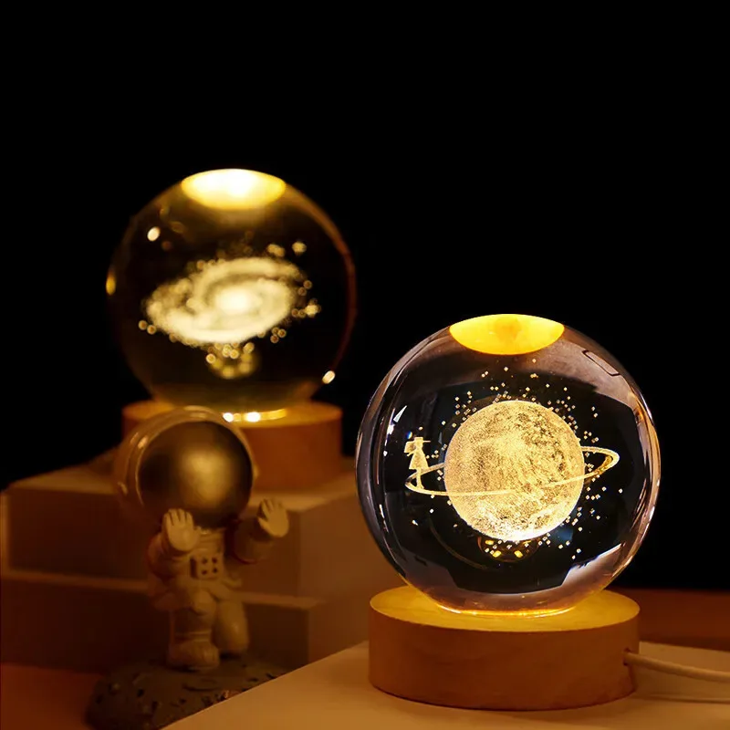 6/8cm 3D Crystal Ball Solar System LED Night Light, Planet Moon Astronaut Engraved Globe with Base for Home Desk Decor