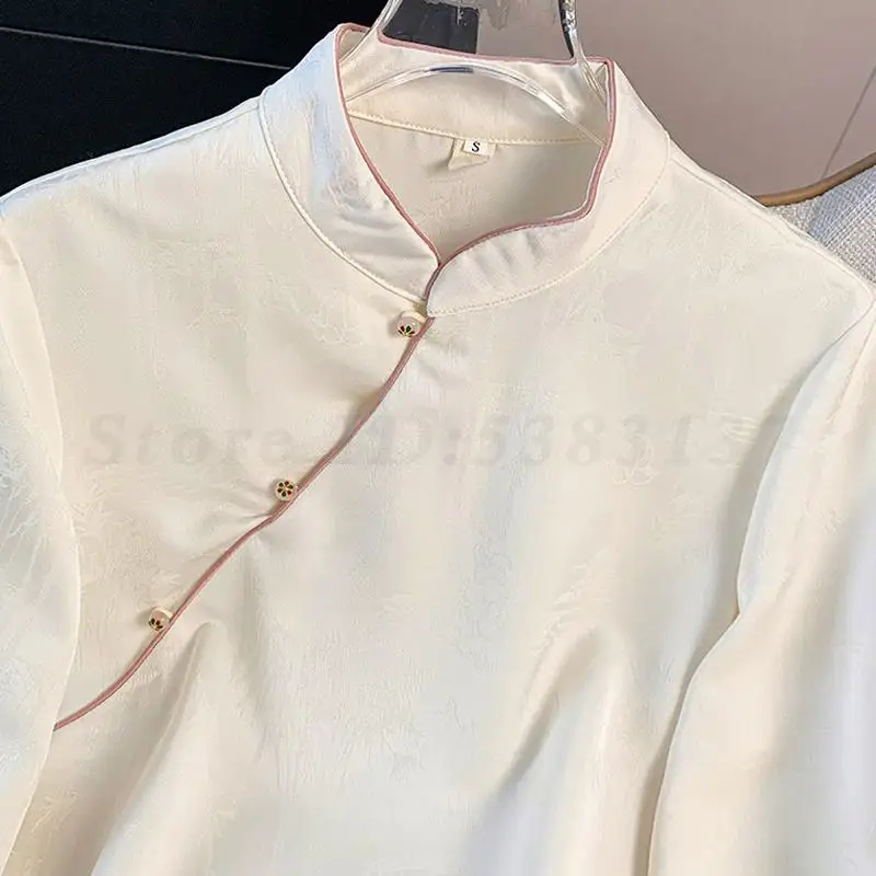 Embroidered Long Sleeved Blouse New Chinese Style Improved Stand Up Collar Tang Clothes Top Female Retro Jacquard Hanfu Shirts