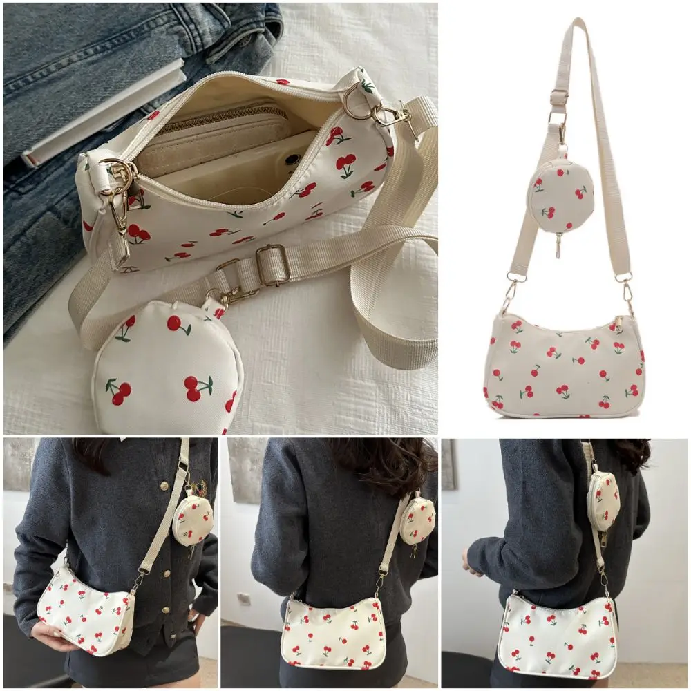 French Style Red Cherry Crossbody Bag Oxford Cloth Printed Underarm Bag Large Capacity Multi-pockets Tote Bag Daily Use