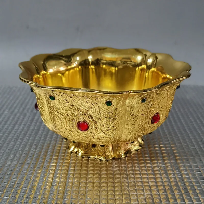 Early Gilding Bowl Gem Inlaid with Bottom Flower Blooming Rich Golden Dragon Six Side Gem Bowl Town House Decoration