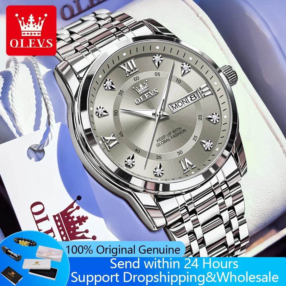 

Часы OLEVS 5513, мужские модные оригинальные водонепроницаемые кварцевые мужские часы с бриллиантовой шкалой, наручные часы с двойным календарем, роскошные мужские часы