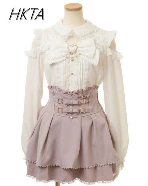 Japanese Liz Shirt Mine Lace Pink Sweetheart Sweet Bow Off-the-shoulder Long-sleeve Top Cute Lolita Girls Blusas Feminina Blouse