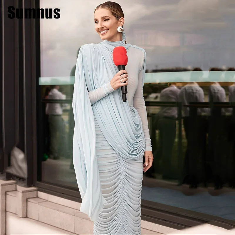 

Sumnus Elegant Mermaid Sky Blue Evening Dresses Pleats Long Sleeves Formal Dresses Gala فساتين سهرة Customized