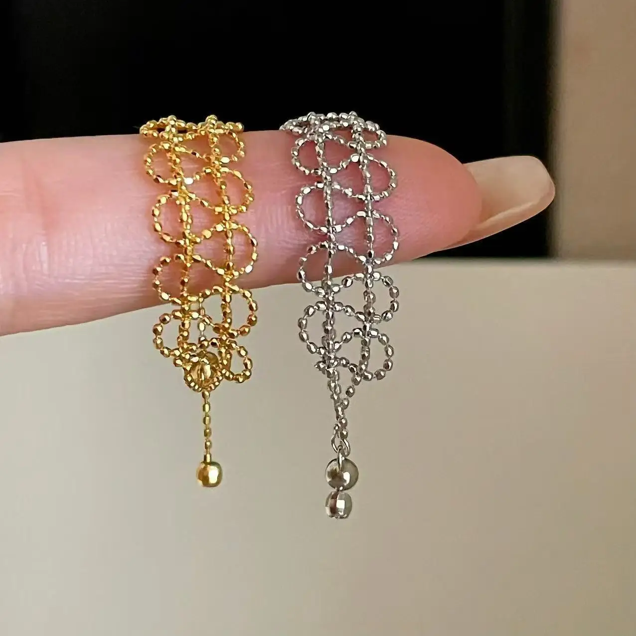 BOCAI NEW S925 Sterling Silver Jewelry Niche Luxury Lace Ring Adjustable Pull-out Chain Ring Selected Gift