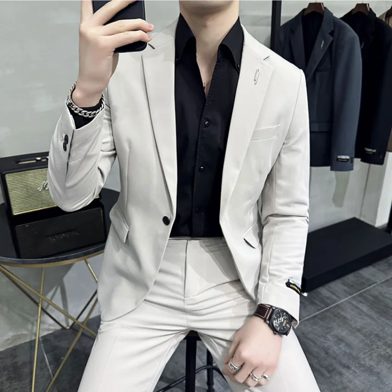 (Jacket+Pant) Handsome Casual Beige 2 Piece Suit For Men Wedding Tuxedos Men Slim Fit Suits Business Party Prom Dress Homme 4XL