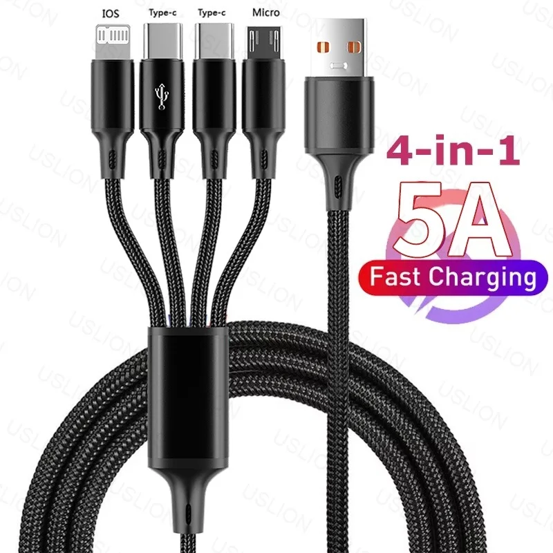 5A 4-In-1 USB Fast Charging Cable Type C Micro Mobile Phone Cord For iPhone 15 16 Pro Max Xiaomi 14 Oneplus 13 Realme GT7 POCO