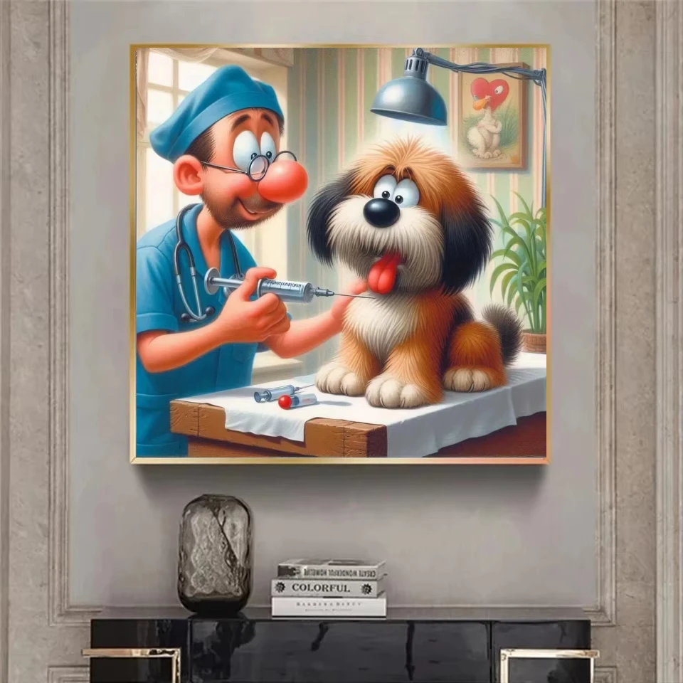 Pintura al óleo por números, dibujo animado de veterinario examinando a un perro, decoración de pared en lienzo para sala de estar, regalo hecho a mano sin marco